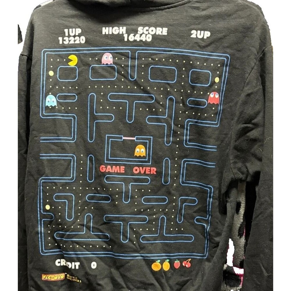 Pac-Man Hoodie Adult Medium Black Graphic Arcade Game Over Pullover Sweatshirt